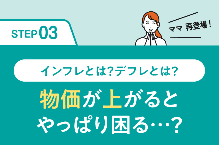 STEP03：インフレとデフレの基礎を紹介するタイトル画像。物価が上がると困る？というテーマを示した導入ビジュアル